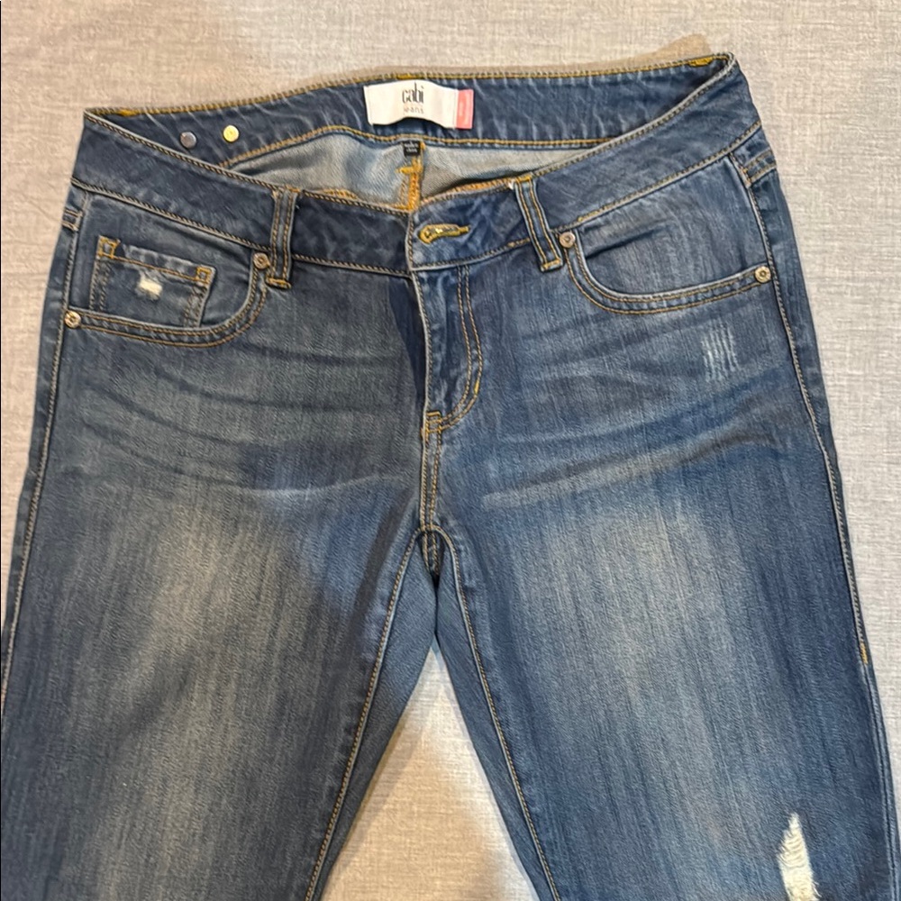 CAbi Blue Straight Leg Boyfriend Jeans with Vintage Fading